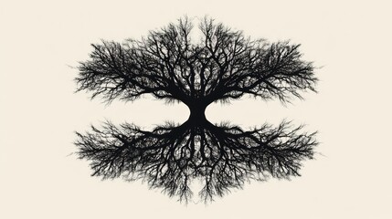 Poster - Symmetrical black tree silhouette with exposed roots and branches against a beige background.