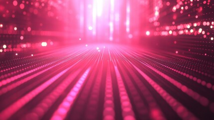 Poster - abstract glowing pink particles with light rays in digital space