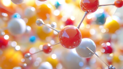 Poster - Vibrant Molecular Structure with Colorful Atoms and Bubbles Background
