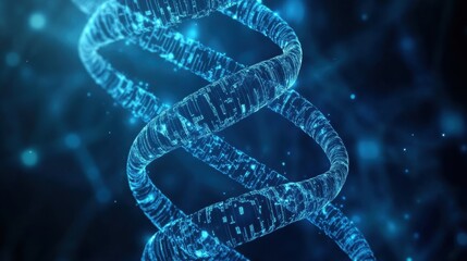 Poster - Blue Neon DNA Helix Structure with Digital Particles in Background