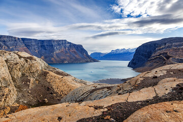 Wall Mural - colorful rock formations and mountains of geologfjord, in northeast greenland national park, arctic 