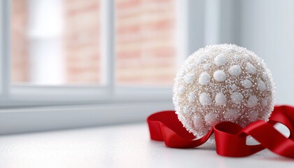 Wall Mural - A decorative holiday ornament with a red ribbon on a white surface.