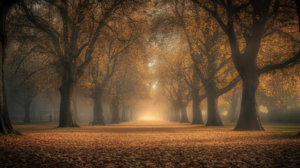 Poster - Misty autumn morning path lined with golden trees.