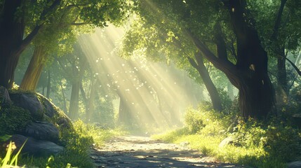 Poster - Sunbeams illuminate a path through a lush, green forest with dappled light and mossy rocks.