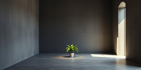 Minimalist interior design with a potted plant and a single window casting sunlight on the floor.