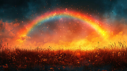 Wall Mural - vibrant rainbow over a golden sunset sky illuminating a tranquil field of wildflowers. generative ai