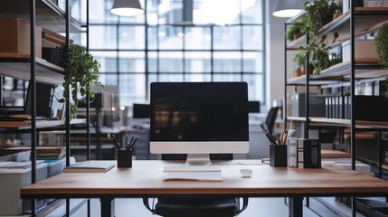 Poster - Modern minimalist office workspace with desktop computer, shelves, plants, and large window.