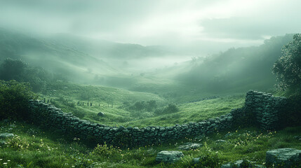 Wall Mural - misty green valley with stone wall and lush landscape during early morning hours in a tranquil setti