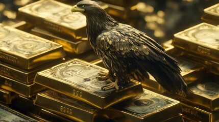 Aufkleber - A majestic eagle perched atop a stack of gold bars, symbolizing wealth and power.