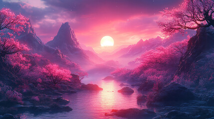 Wall Mural - vibrant sunset over tranquil river surrounded by cherry blossom trees and majestic mountains. genera
