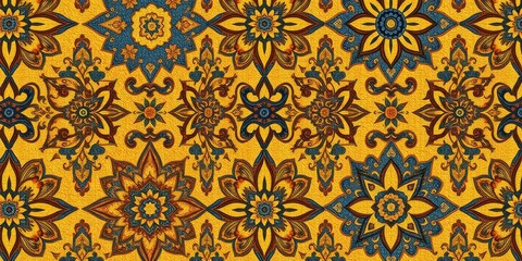 A vibrant and intricate pattern of blue, brown, and yellow floral motifs, with a textured background that adds depth and dimension.