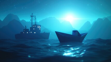 Aufkleber - A Tranquil Night Scene with a Small Boat and a Large Ship Silhouetted Against a Moonlit Ocean with a Mystical Blue Glow and Mountain Range in the Background