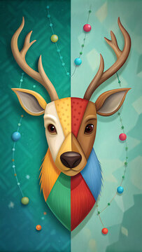 The deer's face is composed of geometric shapes and patterns in a variety of colors, including red, yellow, blue, and green.