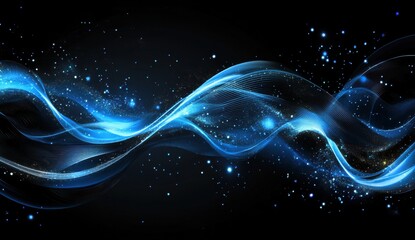 Poster - Abstract Blue Waves with Sparkles and Stars on Black Background for Creative Designs, Technology Themes, and Modern Digital Artwork