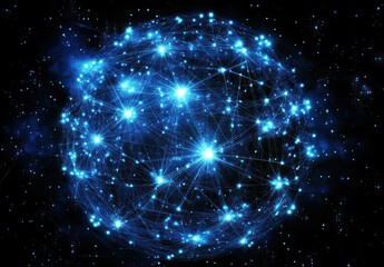 Poster - Abstract digital artwork depicting a glowing network sphere made of interconnected lines and bright stars, symbolizing technology, communication, and innovation in a cosmic setting.