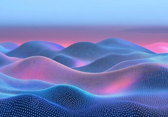 Poster - Abstract digital landscape featuring flowing waves of light and color, showcasing vibrant hues of pink, blue, and purple in a futuristic and ethereal scene.