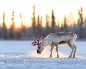 Wall Mural - A reindeer grazing in a snowy landscape at sunset.