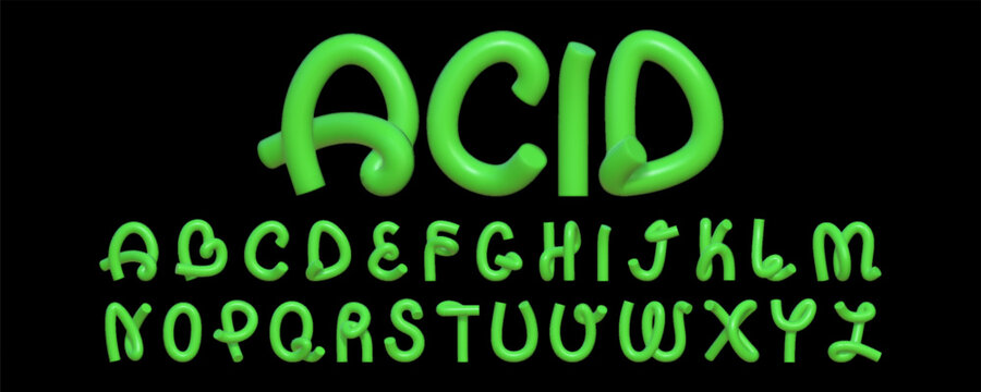 3D font in the shape of a curved rubber hose. A creative set of 3D English letters with a reflective texture in a bright acid green color.