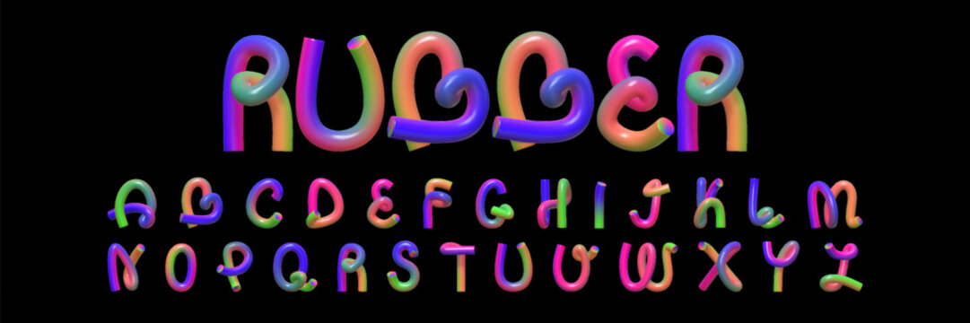 3D font in the shape of a curved rubber hose. A creative set of 3D English letters with a reflective texture and a multi-colored bright gradient.
