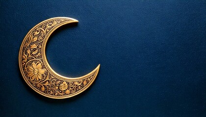 Wall Mural - golden crescent on blue background copy space for text off-center off center left aligned flat lay isolated decoration decorated ornament ornamental moon gold