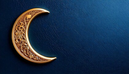 Wall Mural - golden crescent on blue background copy space for text off-center off center left aligned flat lay isolated decoration decorated ornament ornamental moon gold