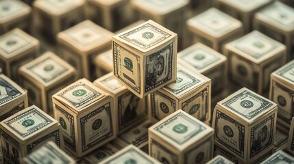 Fototapete - Close-up of numerous dollar bill cubes arranged in a grid pattern, with a focus on a few cubes in the center.