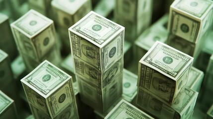 Fototapete - Close-up of numerous dollar bill cubes forming a city-like structure, reflecting on a shiny surface.
