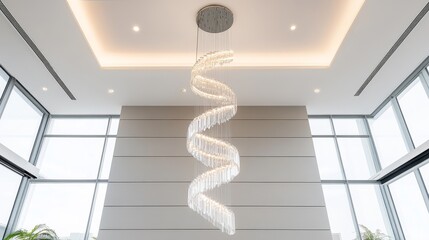 Poster - A large, spiral chandelier hangs from the ceiling in a room with white walls