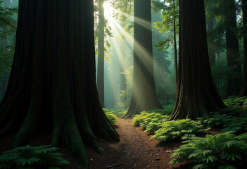 Wall Mural - Sunbeams in mystical forest with giant Redwood trees.