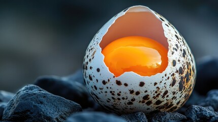 Close-up view of a single quail egg cracked open showcasing the bright orange yolk and translucent white against a dark rocky backdrop