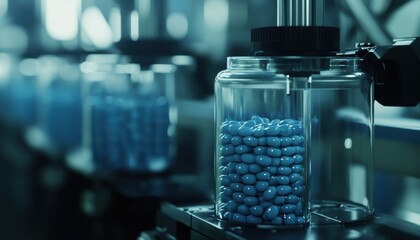 Poster - Blue Capsules in Transparent Bottles on a Production Line in a Pharmaceutical Manufacturing Facility Showcasing Automation and Precision in Drug Production Process