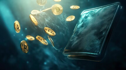 Poster - A stylized digital wallet with coins floating out of it, symbolizing financial freedom through crypto.