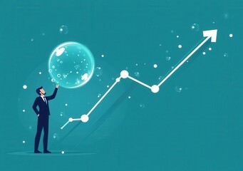 Poster - Businessman in Suit Analyzing Market Trends with Bubble Visualization and Growth Chart, Representing Investment Strategies and Economic Growth Concepts