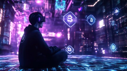 Fototapete - Person wearing VR headset, immersed in a vibrant digital cryptocurrency environment.