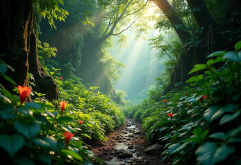 Wall Mural - Sunbeams illuminate a lush  green forest path with a small stream  showcasing vibrant flora.