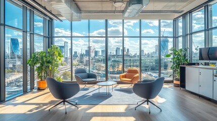 Poster - Modern office interior with panoramic city view, sunlight streaming through large windows, comfortable seating area with plants.