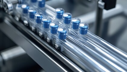 Poster - Close-Up of Transparent Vials on an Automated Production Line in a Pharmaceutical Manufacturing Facility Showing Precision and Efficiency in Drug Packaging