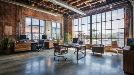 Poster - Modern industrial office interior with large windows, exposed brick walls, wooden desks, and comfortable chairs.