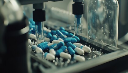 Poster - Close-up View of Pharmaceutical Manufacturing Process with Blue and White Capsules Being Filled, Showcasing Advanced Technology in Drug Production