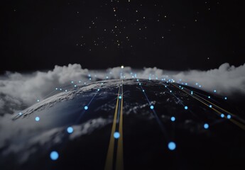 Poster - Digital Network Connection over Earth with Cloudy Atmosphere and Stars in Dark Space, Visualizing Global Communication and Data Flow
