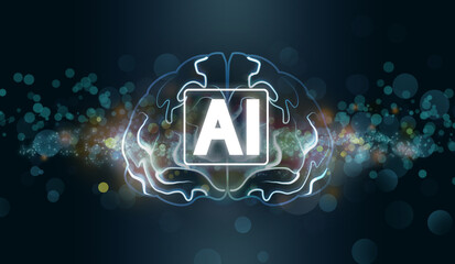 Poster - Artificial intelligence. Illustration of glowing brain and AI abbreviation on dark background, bokeh effect. Banner design