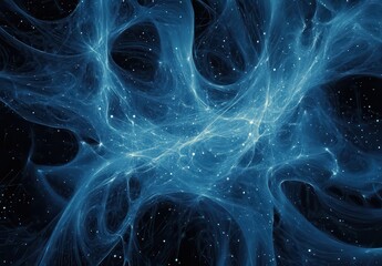 Poster - Ethereal Blue Cosmic Energy Waves Flowing Through a Dark Universe Background Creating a Mystical and Enigmatic Visual Effect for Artistic Projects