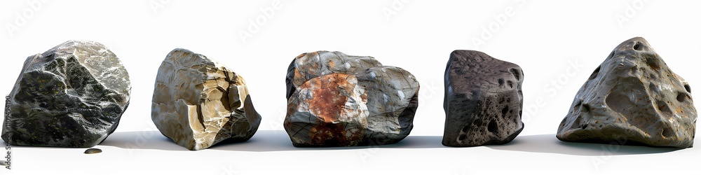 5 different rocks, front view, white background, 3d render, unreal ...