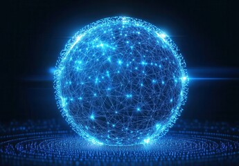 Poster - Futuristic Blue Digital Sphere with Geometric Patterns, Stellar Connections, and Light Effects in a Dark Background, Perfect for Technology and Science Themes
