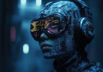 Poster - Futuristic Cybernetic Portrait of a Female Robot with High-Tech Glasses and Headphones in a Dark Neon Environment with Circuit Patterns