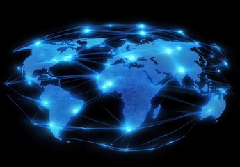 Poster - Futuristic Digital Global Network Map with Nodes and Connections Representing Modern Communication and Data Exchange Across Continents in a Dark Background