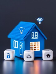 Poster - The concept of smart home technology. A digital home design in neon style, featuring IoT application management and automation assistant control icons on white cube blocks stacked on a blue network