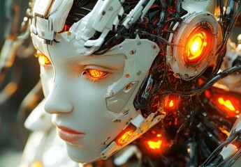Poster - Futuristic Female Android with Glowing Eyes in a High-Tech Environment, Showcasing Advanced Robotics and Artificial Intelligence Features