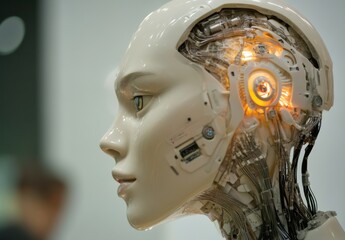 Poster - Futuristic humanoid robot head showcasing advanced artificial intelligence technology with visible internal circuitry and glowing components, emphasizing innovation and design