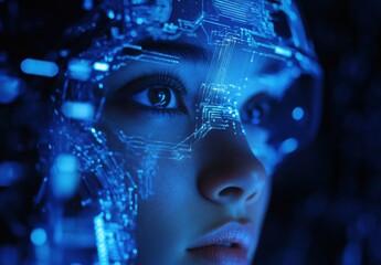 Poster - Futuristic Portrait of a Woman with Digital Circuitry Overlay Representing Artificial Intelligence and Technology Innovations in a Dark Environment